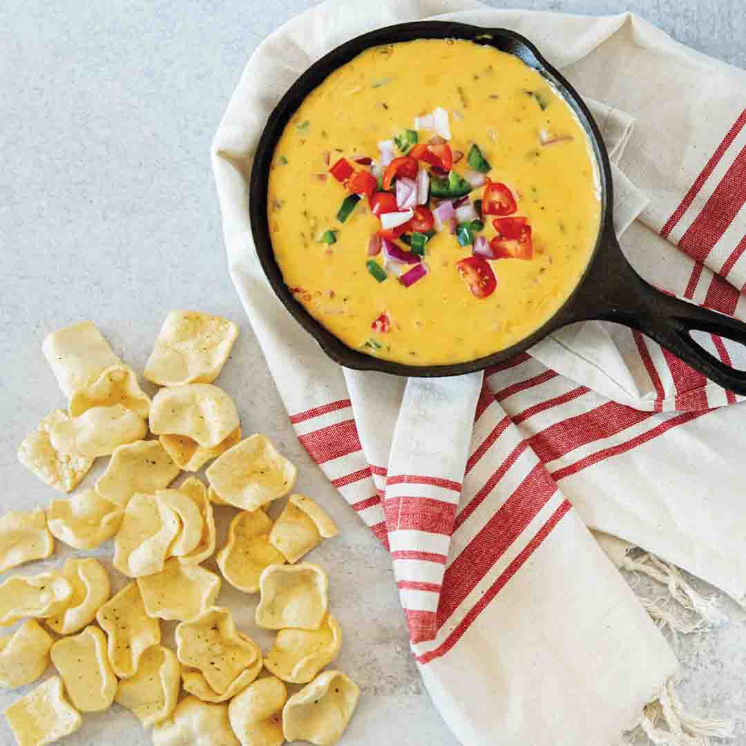 Lentil Jalapeno Chips with queso