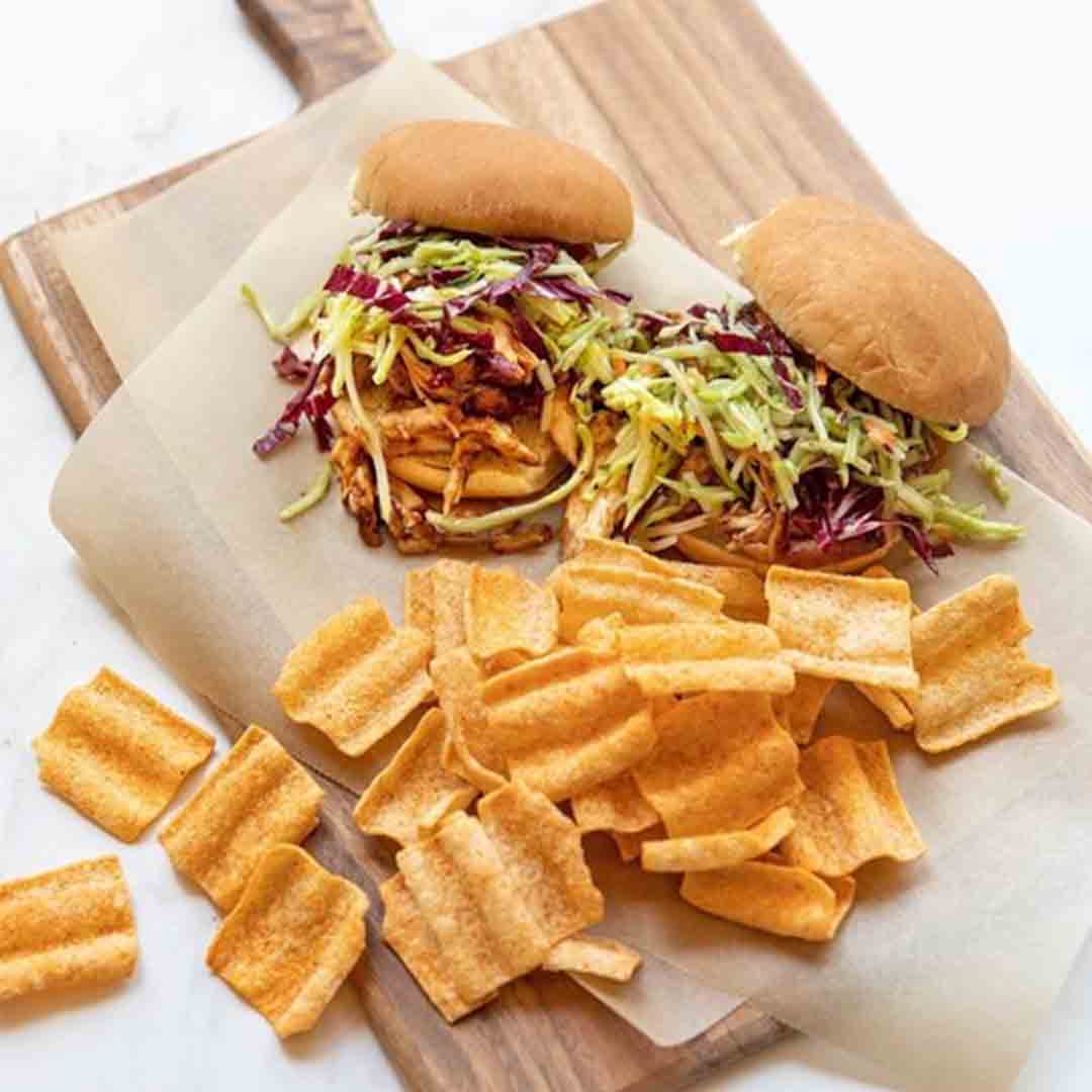 Quinoa BBQ Chips with pulled pork sliders