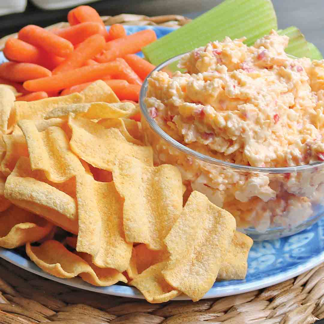 Quinoa Cheddar Chips with pimento cheese